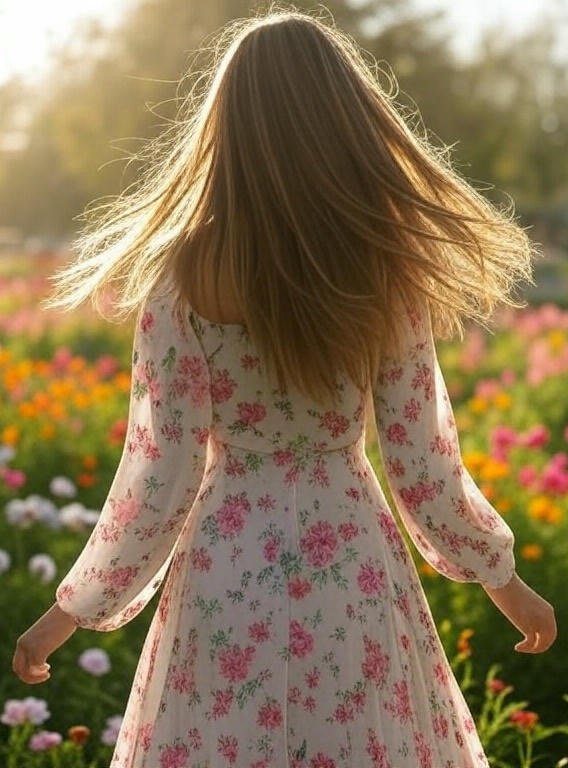 Elegant woman with flowing hair in floral dress walking through flower garden - premium high class escort service amsterdam den haag rotterdam