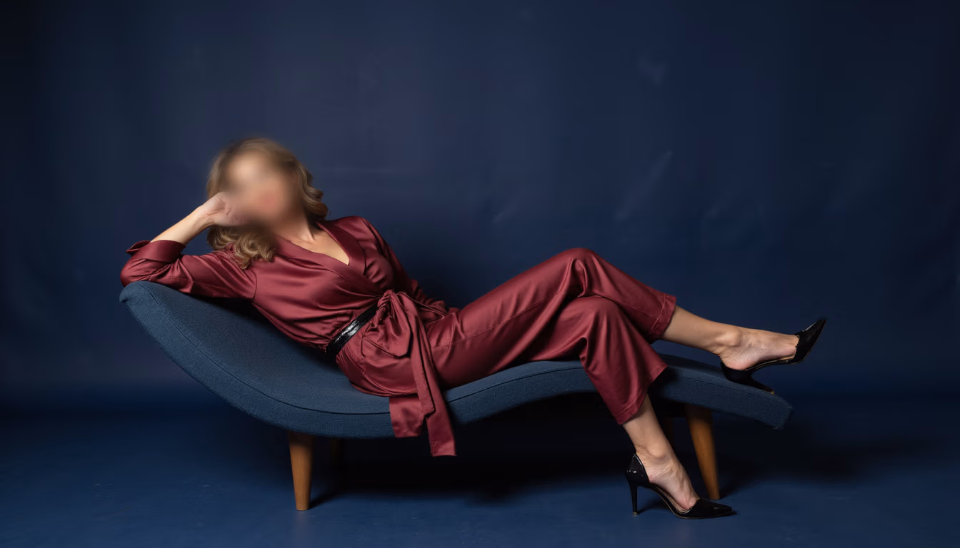 Model wearing a burgundy satin outfit reclining on a curved sofa with high heels. Model wearing a burgundy satin outfit reclining on a curved sofa with high heels.