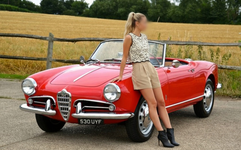 Nederlandse Courtisane Rode Alfa Romeo Spider Cabriolet met een vrouw in een zomerse outfit die ernaast staat. Amsterdam Den Haag Rotterdam Utrecht Antwerpen