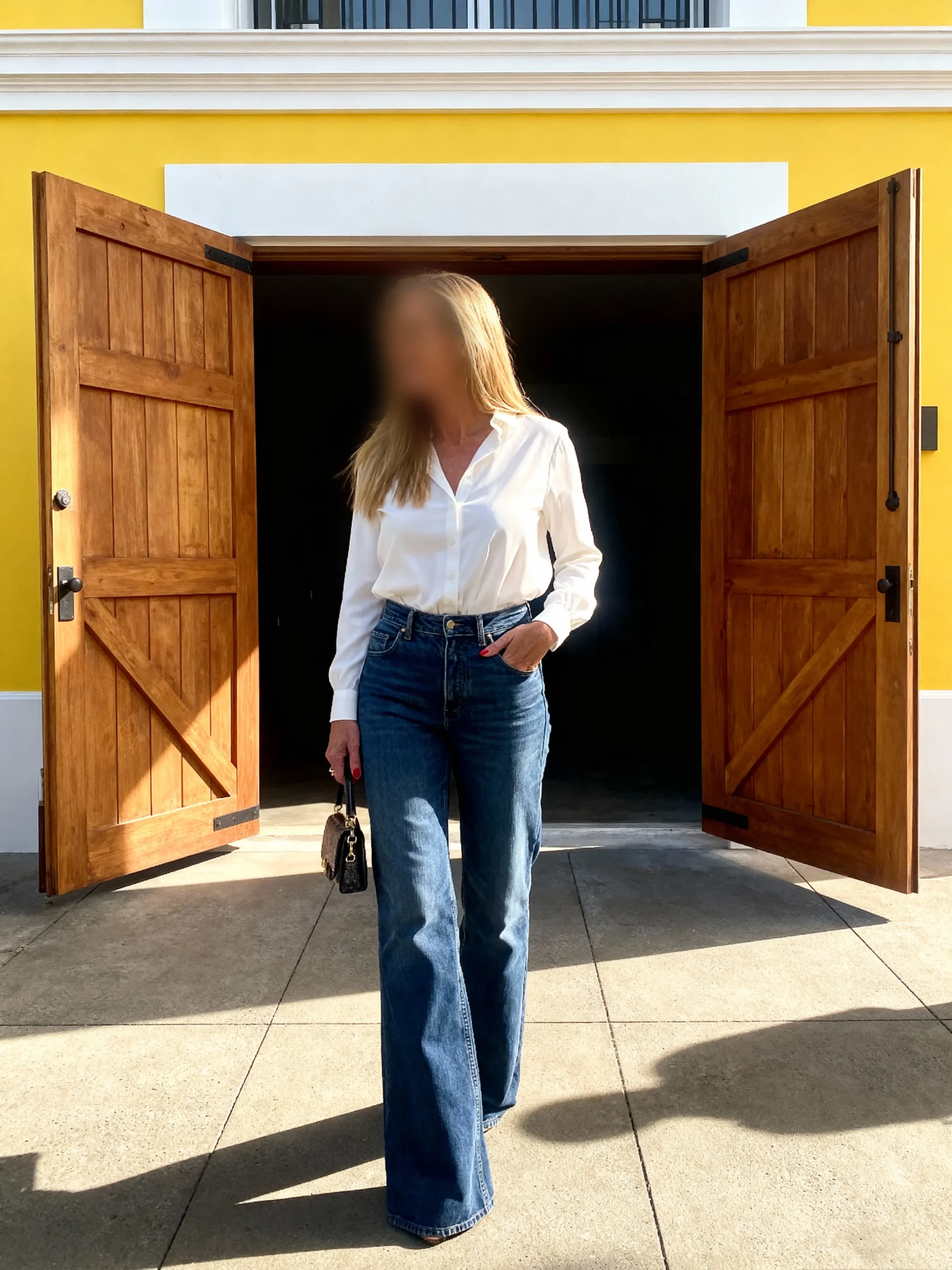 High Class Escort Zwolle Overijssel Utrecht Flevoland Lily Nederlandse Courtisane Vrouw in een witte blouse en hoge taille spijkerbroek staat voor open deuren. Amsterdam Den Haag Rotterdam Utrecht Antwerpen
