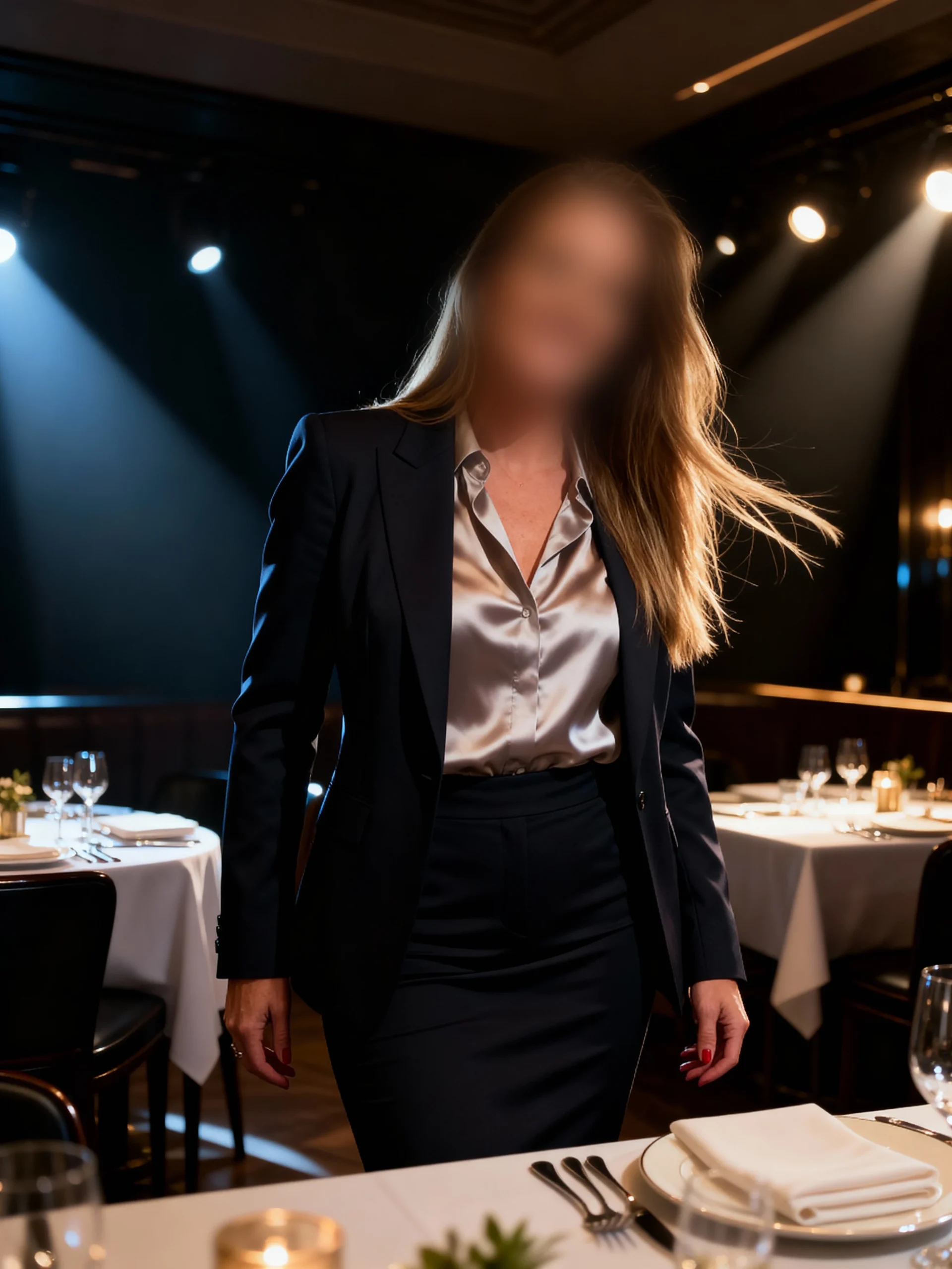 High Class Escort Zwolle Overijssel Utrecht Flevoland Lily Nederlandse Courtisane Vrouw in een zwarte blazer en een zijden blouse in een restaurant met gedimde verlichting. Amsterdam Den Haag Rotterdam Utrecht Antwerpen