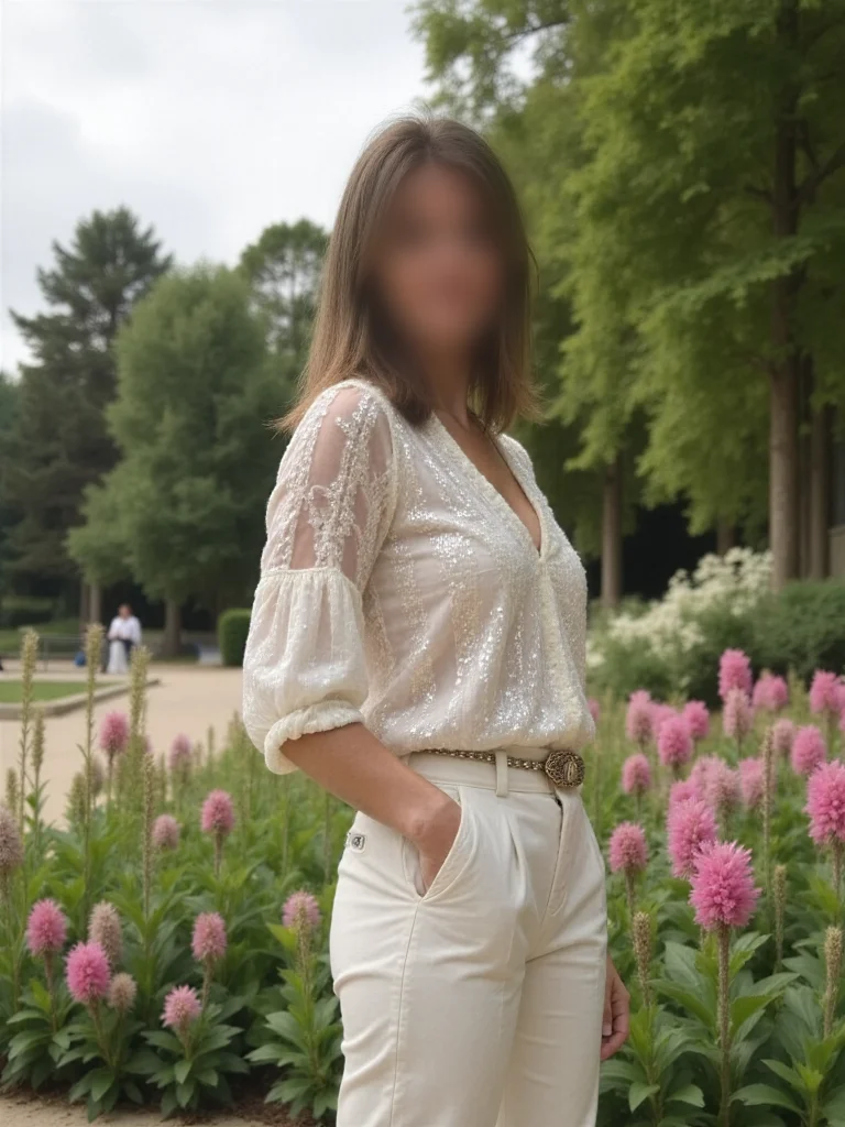 Belgische Courtisane Elize in een glinsterende blouse en lichte broek, staand tussen bloemen in een park. Amsterdam Den Haag Rotterdam Utrecht Antwerpen