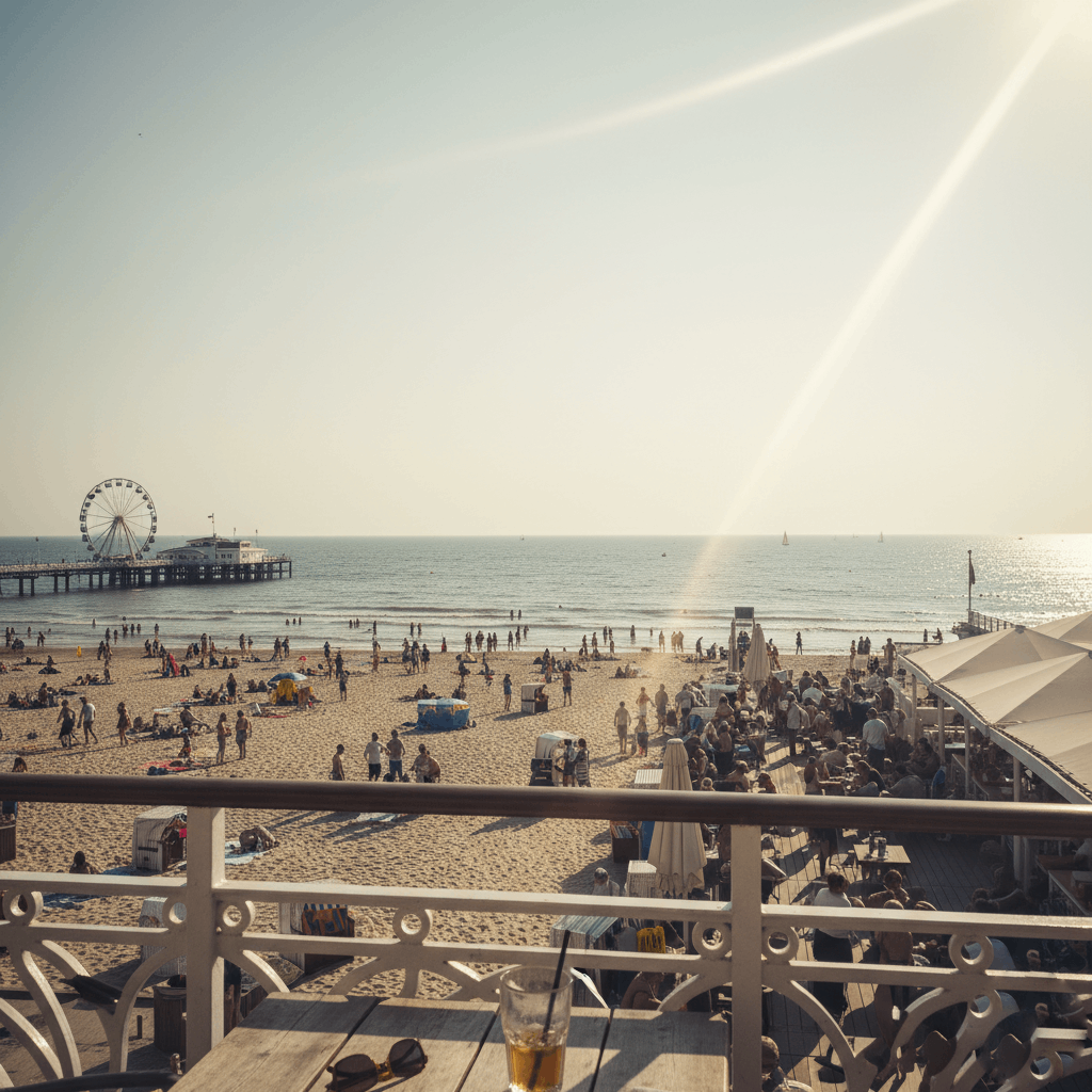Nederlandse Courtisane Zicht op een strand met mensen, een reuzenrad en een heldere lucht boven de zee. Amsterdam Den Haag Rotterdam Utrecht Antwerpen